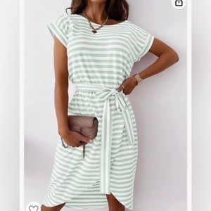 Merokeety light green striped t-shirt dress